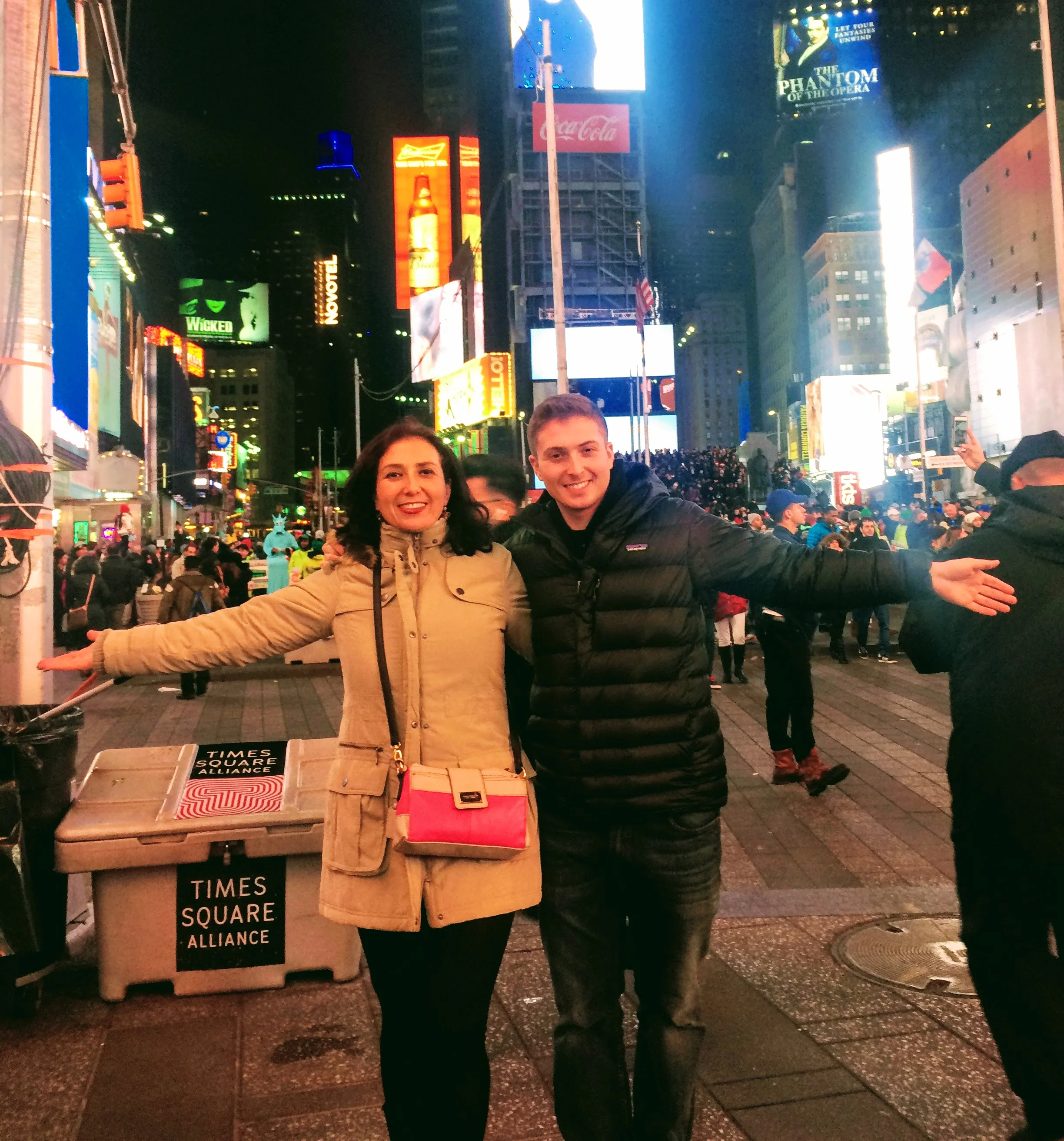 In Times Square with a friend at night